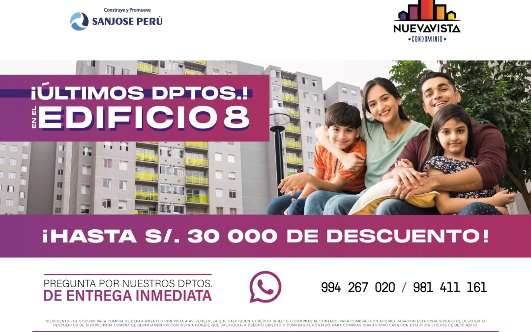 ¡Aprovecha nuestros descuentos de hasta S/30,000 en los último departamentos de Edificio 8!